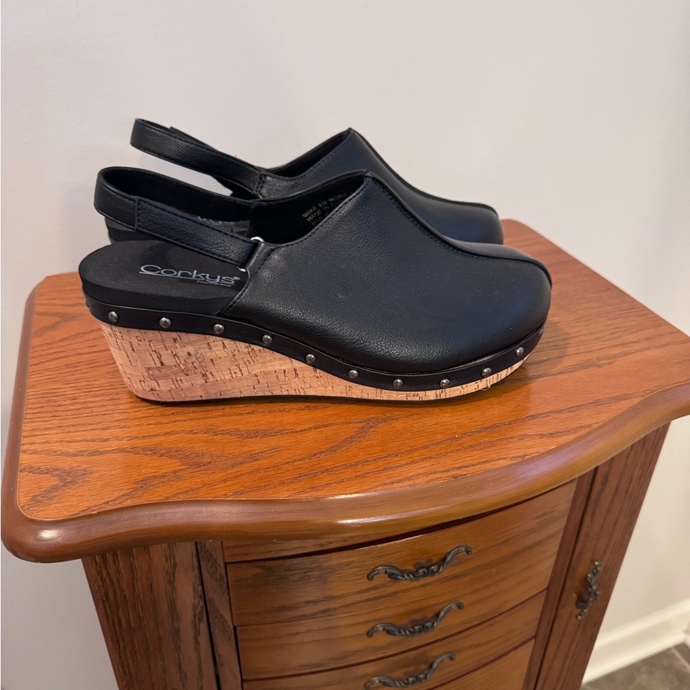 Corkys Black Leather Wedge Clogs